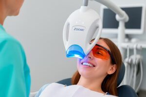 Mujer joven durante un tratamiento de blanqueamiento dental con sistema ZOOM en Clínica Almela Castellón