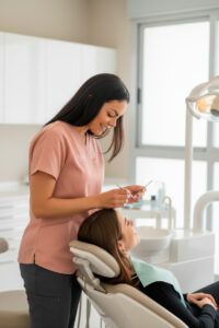Dentista de confianza revisando la sonrisa de una paciente en una clínica dental en Castellón