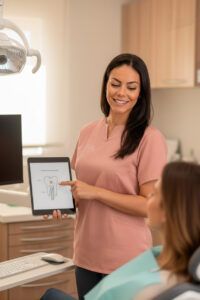 Dentista de Almela Clínica Dental explicando anestesia y recuperación de implante dental en Castellón