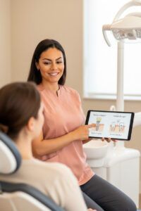 Dentista de Almela Clínica Dental comparando implante dental y puente en consulta en Castellón