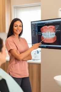 Dentista de Almela Clínica Dental explicando implantes de carga inmediata con planificación 3D en Castellón