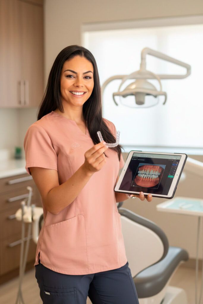 Dentista de Almela Clínica Dental mostrando alineadores y escaneo 3D para tratamiento Invisalign en Castellón