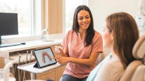 Dentista de Almela Clínica Dental explicando ortodoncia invisible en adultos con escaneo 3D en Castellón