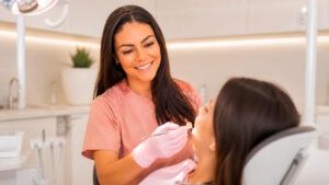 Dentista realizando una limpieza dental en clínica en Castellón